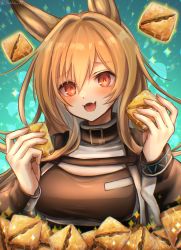 Rule 34 | + +, 1girl, 3 (sanyako1), :d, animal ears, arknights, blue background, blush, breasts, brown hair, brown jacket, ceobe (arknights), commentary, cookie, dog ears, dog girl, fangs, food, hands up, highres, holding, holding food, infection monitor (arknights), jacket, long hair, long sleeves, medium breasts, open mouth, red eyes, simple background, skin fangs, smile, solo, sparkle, upper body