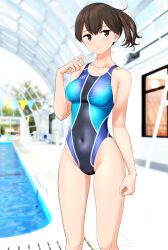 Rule 34 | 1girl, absurdres, blue one-piece swimsuit, blurry, blurry background, breasts, brown eyes, brown hair, clothes writing, commentary request, competition swimsuit, covered navel, cowboy shot, feet out of frame, highres, indoors, kaga (kancolle), kantai collection, looking at viewer, medium breasts, medium hair, multicolored clothes, multicolored swimsuit, one-piece swimsuit, pool, side ponytail, solo, standing, string of flags, swimsuit, takafumi, variant set, window