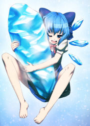 Rule 34 | 1girl, ;d, bare legs, barefoot, blue eyes, blue hair, blue skirt, bow, chyko7080, cirno, dress, fairy, hair bow, hug, hugging object, ice, ice wings, matching hair/eyes, one eye closed, open mouth, short hair, sitting, skirt, smile, solo, toe scrunch, toes, touhou, wings, wink