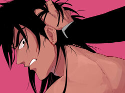 Rule 34 | 2boys, back, black eyes, black hair, clenched teeth, commentary request, dutch angle, facial scar, grabbing another&#039;s hair, inudori, itou kaiji, kaiji, long hair, looking at viewer, looking back, male focus, medium bangs, multiple boys, pink background, scar, scar on cheek, scar on ear, scar on face, simple background, solo focus, teeth