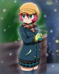 Rule 34 | 1girl, blush, cabbie hat, closed mouth, creatures (company), game freak, georgia (pokemon), gloves, green eyes, hat, mori hayaki, nintendo, pink hair, pokemon, pokemon (anime), pokemon bw (anime), short hair, skirt, solo, thighhighs, winter clothes