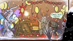 Rule 34 | 1boy, artist request, bed of chaos, birthday cake, cake, chosen undead, dark souls (series), dark souls i, english text, food, gravelord nito, happy birthday, non-web source, seath the scaleless, speech bubble, the four kings