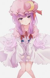 Rule 34 | 1girl, blunt bangs, commentary request, feet out of frame, flat chest, from above, head tilt, highres, hrxw8287, knees together feet apart, light blush, looking at viewer, patchouli knowledge, purple eyes, purple hair, simple background, solo, touhou, white background