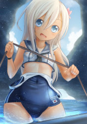 Rule 34 | 1girl, absurdres, black neckerchief, blonde hair, blue eyes, blue sailor collar, character name, clothes pull, cloud, covered navel, cowboy shot, crop top, day, flower, hair flower, hair ornament, highres, hole, kanimiso (juutilainen77), kantai collection, looking at viewer, neckerchief, one-piece swimsuit, one-piece swimsuit pull, one-piece tan, open mouth, ro-500 (kancolle), rock, rope, sailor collar, school swimsuit, see-through, solo, swimsuit, swimsuit under clothes, tan, tanline, water
