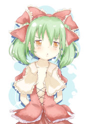 Rule 34 | 1girl, alternate hairstyle, arms behind back, bad id, bad pixiv id, blush, bow, breasts, capelet, collarbone, cusozee, female focus, green hair, hair bow, highres, kagiyama hina, open clothes, open mouth, open shirt, shirt, skirt, skirt set, small breasts, solo, touhou, twintails, upper body, yellow eyes