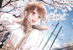 Rule 34 | 1girl, :d, blue sky, branch, bridge, brown eyes, brown hair, cherry blossoms, commentary, day, dutch angle, english commentary, hand on own neck, long sleeves, looking to the side, low twintails, open mouth, original, outdoors, overalls, petals, power lines, shirt, short hair, signature, sky, smile, solo, soragane (banisinngurei), spring (season), symbol-only commentary, teeth, twintails, upper body, upper teeth only, white shirt, wind