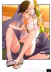 Rule 34 | 1girl, absurdres, bare legs, copyright request, eating, food, green eyes, hat, highres, ice cream, looking at viewer, mishima kurone, navel, sandals, shirt, silver hair, water gun, wet, wet clothes, wet shirt
