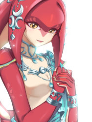 Rule 34 | 1girl, artist request, bracelet, breasts, cleavage, colored skin, fins, fish girl, hair ornament, highres, jewelry, long hair, looking at viewer, medium breasts, mipha, monster girl, multicolored skin, necklace, nintendo, own hands together, red hair, red skin, sanqian hui, simple background, solo, the legend of zelda, the legend of zelda: breath of the wild, upper body, white background, yellow eyes, zora