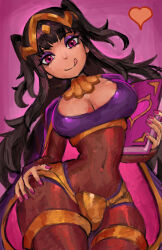 1girl alternate_breast_size black_hair blunt_bangs bodystocking book breasts bridal_gauntlets cape circlet cleavage covered_navel crop_top crotch_plate curvy eyeshadow fire_emblem fire_emblem_awakening gold gold_thighlet gold_trim grimoire hand_on_own_hip heart highres holding holding_book large_breasts long_hair looking_at_viewer makeup nail_polish nintendo panties pink_background pink_cape pink_eyes pink_nails purple_cape purple_eyeshadow purple_panties purple_tank_top saiykik scoop_neck skin_tight smile solo tank_top tharja_(fire_emblem) thick_thighs thighs tongue tongue_out two-sided_cape two-sided_fabric two-tone_cape two_side_up underwear wide_hips