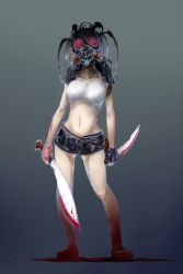 Rule 34 | 1girl, belt, black gloves, black shorts, blood, bloody weapon, breasts, contrapposto, facial mark, facing viewer, fingerless gloves, full body, gloves, grey background, holding, holding sword, holding weapon, jaco, large breasts, navel, original, reverse grip, shoes, short shorts, shorts, solo, standing, sword, weapon