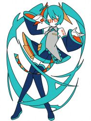 Rule 34 | 1girl, aqua hair, aqua necktie, bare shoulders, blue footwear, blue skirt, blue sleeves, boots, breasts, collared shirt, colored skin, detached sleeves, full body, glaze artifacts, grey shirt, hair ornament, hand up, hatsune miku, knees together feet apart, long hair, long sleeves, machigami yoh, miniskirt, necktie, pleated skirt, shirt, shoulder tattoo, simple background, skirt, sleeveless, sleeveless shirt, small breasts, solo, standing, tattoo, thigh boots, thighhighs, twintails, very long hair, vocaloid, white background, white skin, wide sleeves, zettai ryouiki