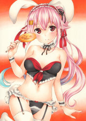 Rule 34 | 1girl, animal ears, blue hair, candy, collar, collarbone, commentary request, food, frilled panties, frills, garter belt, gradient hair, hair between eyes, hair flaps, hair ornament, hair ribbon, hairclip, harusame (kancolle), highres, holding, holding candy, holding food, holding lollipop, kantai collection, leg up, lollipop, looking at viewer, marker (medium), multicolored hair, panties, pink hair, rabbit ears, red eyes, ribbon, saya pr, side ponytail, solo, thighhighs, traditional media, underwear, white thighhighs