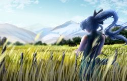 Rule 34 | 1girl, alternate costume, alternate hair length, alternate hairstyle, armpit peek, bad id, bad pixiv id, bare arms, bare shoulders, blue sky, cloud, commentary request, cowboy shot, day, facing away, from behind, grass, green skirt, green vest, hair blowing, hair ribbon, highres, kamui (sujmda), katana, konpaku youmu, long hair, mountain, outdoors, planted, planted sword, planted weapon, ponytail, ribbon, scenery, silver hair, skirt, sky, solo, standing, sword, tall grass, touhou, very long hair, vest, weapon, wind