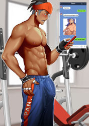 Rule 34 | 1boy, abs, barbell, black gloves, black hair, blue pants, blurry, blush, bulge, cellphone, character name, chat log, commentary, creatures (company), dark-skinned male, dark skin, earphones, english commentary, english text, fingerless gloves, game freak, gloves, gym, hand on own hip, hand up, holding, holding phone, indoors, jewelry, kashi kosugi, leon (pokemon), looking down, lower teeth only, lowleg, lowleg pants, male focus, muscular, muscular male, navel, nintendo, open mouth, orange headwear, outline, pants, pectorals, phone, pokemon, pokemon swsh, raihan (pokemon), ring, shiny skin, short hair, solo, standing, stomach, sweat, teeth, tongue, topless male, twitching penis, undercut