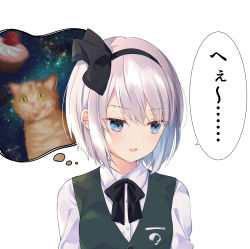 Rule 34 | 1girl, :d, animal, black bow, blue eyes, blush, bow, cat, collared shirt, commentary request, dress shirt, green vest, hair between eyes, highres, konpaku youmu, looking away, looking to the side, meme, open mouth, purin jiisan, shirt, silver hair, simple background, smile, solo, space, space cat (meme), star (sky), touhou, translation request, upper body, vest, white background, white shirt