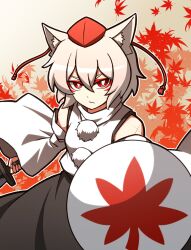 Rule 34 | 1girl, animal ear fluff, animal ears, bare shoulders, black skirt, closed mouth, highres, holding, holding shield, holding sword, holding weapon, hoshii 1213, inubashiri momiji, leaf, looking at viewer, maple leaf, one-hour drawing challenge, red eyes, scar, shield, shirt, short hair, skirt, solo, sword, tail, touhou, upper body, weapon, white hair, white shirt, white sleeves, wolf ears, wolf girl, wolf tail