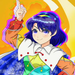 Rule 34 | 1girl, blue eyes, blue hair, blush, breasts, cape, cloak, closed mouth, cloud print, dress, hairband, long sleeves, multicolored clothes, multicolored dress, multicolored hairband, patchwork clothes, pointing, pointing up, rainbow gradient, red button, retora 26, short hair, sky print, small breasts, smile, tenkyuu chimata, touhou, two-sided cape, two-sided fabric, upper body, v-shaped eyebrows, white cape, white cloak, zipper, zipper pull tab