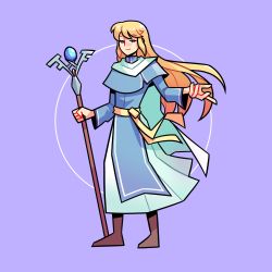 Rule 34 | 1boy, blonde hair, blue eyes, braid, fire emblem, fire emblem: the blazing blade, full body, highres, holding, holding weapon, long hair, lucius (fire emblem), nintendo, pale skin, purple background, staff, standing, timtam, weapon