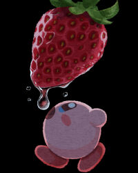 Rule 34 | black background, blue eyes, blush stickers, food, food focus, fruit, highres, kirby, kirby (series), looking up, miclot, nintendo, no humans, open mouth, simple background, strawberry, walking, water drop