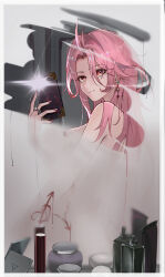 Rule 34 | 1girl, absurdres, arrow through heart, breasts, cellphone, character name, chen() 761, closed mouth, condensation, earrings, female pov, highres, indoors, jewelry, large breasts, long hair, mirror, nail polish, nude, path to nowhere, phone, fake phone screenshot, pink hair, pov, red eyes, red nails, reflection, ring, selfie, smartphone, smile, solo