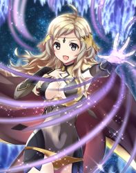 Rule 34 | 1girl, armor, blonde hair, bodystocking, breasts, bridal gauntlets, cape, circlet, cleavage, fire emblem, fire emblem fates, grey eyes, hip armor, kakiko210, leather armor, long hair, looking at viewer, magic, medium breasts, nintendo, open mouth, ophelia (fire emblem), panties, pantyhose, solo, sparkle, turtleneck, underwear, upper body, yellow panties