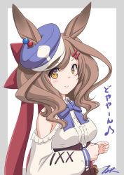 Rule 34 | 1girl, animal ears, artist name, blue bow, blue bowtie, blue hat, bow, bowtie, brown hair, cabbie hat, commentary request, corset, duplicate, ear piercing, ears through headwear, frilled shirt, frills, hair ornament, hairclip, hat, highres, horse ears, horse girl, looking at viewer, matikane tannhauser (umamusume), medium hair, piercing, pixel-perfect duplicate, shirt, simple background, solo, t2r, two-tone background, umamusume, upper body