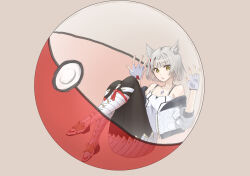Rule 34 | 1girl, animal ear fluff, animal ears, bare shoulders, black pantyhose, boots, brown background, camisole, collarbone, commentary request, creatures (company), fingerless gloves, game freak, gloves, grey hair, grey skirt, hands up, in poke ball, jacket, knee boots, looking at viewer, mio (xenoblade), ninnin (kare konoha nin), nintendo, off shoulder, open clothes, open jacket, pantyhose, parted lips, poke ball, poke ball (basic), pokemon, short hair, simple background, skirt, solo, transparent, white camisole, white footwear, white gloves, white jacket, xenoblade chronicles (series), xenoblade chronicles 3, yellow eyes