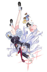 4girls :3 :o animal_ears arms_up bare_legs barefoot black_footwear black_hair black_jacket black_suit blazer blonde_hair blue_dress blue_hair braid brown_hat buttons carrot_necklace commentary_request dango dress falling floating_clothes floating_hair floppy_ears food formal full_body hands_up hat highres holding holding_food holding_weapon inaba_tewi index_finger_raised indian_style jacket jewelry jitome long_hair long_sleeves looking_at_viewer miniskirt multiple_girls necklace necktie parted_lips pleated_skirt puffy_short_sleeves puffy_sleeves purple_hair rabbit_ears rabbit_girl rabbit_tail red_eyes red_necktie reisen_udongein_inaba ringo_(touhou) seiran_(touhou) shoes short_hair short_sleeves simple_background sitting skirt smile socks species_connection starshadowmagician straight_hair suit tail touhou twin_braids upside-down very_long_hair wagashi weapon white_background white_dress white_skirt white_socks