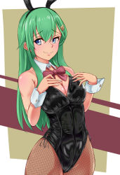 Rule 34 | 1girl, absurdres, aqua eyes, black leotard, blush, bow, breasts, cleavage, closed mouth, cowboy shot, detached collar, fishnet pantyhose, fishnets, green hair, hair between eyes, hair ornament, hairclip, hands on own chest, hands up, highres, kantai collection, large breasts, leotard, long hair, looking at viewer, monte (koupin), pantyhose, playboy bunny, red bow, simple background, smile, solo, suzuya (kancolle), wrist cuffs