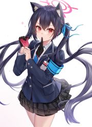 Rule 34 | 1girl, absurdres, animal ears, armband, biting, black hair, blue archive, blush, cat ears, glove in mouth, gloves, hair between eyes, highres, id card, ion (on01e), long hair, looking at viewer, mouth hold, putting on gloves, red eyes, revision, school uniform, serika (blue archive), simple background, solo, twintails, two-tone gloves, white background