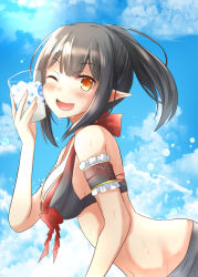 Rule 34 | 1girl, arm strap, bikini, black bikini, black hair, blush, breasts, character request, cloud, cloudy sky, copyright request, cup, holding, holding cup, looking at viewer, looking to the side, medium breasts, one eye closed, open mouth, pointy ears, ponytail, ram hachimin, sidelocks, sky, solo, star-shaped pupils, star (symbol), swimsuit, symbol-shaped pupils, virtual youtuber, yellow eyes