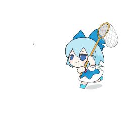 Rule 34 | blue bow, blue dress, blue eyes, blue hair, bow, butterfly net, chibi, cirno, commentary request, cursor, detached wings, dress, fumo (doll), hair bow, hand net, highres, ice, ice wings, light blush, pinafore dress, rei (tonbo0430), running, short hair, sleeveless, sleeveless dress, smile, tagme, touhou, white background, wings