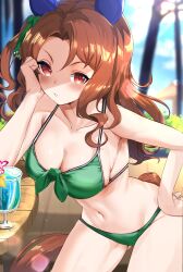 Rule 34 | 1girl, absurdres, animal ears, bikini, blue sky, blurry, blurry background, blush, breasts, brown hair, cleavage, cloud, commentary request, cup, day, drinking glass, ear covers, forehead, green bikini, highres, horse ears, horse girl, horse tail, king halo (umamusume), large breasts, long hair, looking at viewer, maou (maoudaisukiya), navel, outdoors, parted lips, red eyes, sky, solo, swimsuit, tail, umamusume