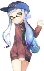 Rule 34 | 1girl, bad id, bad twitter id, baseball cap, bike shorts, blue hair, covering ass, covering privates, from behind, green eyes, hat, highres, inkling, inkling girl, inkling player character, long hair, looking back, mask, nintendo, pointy ears, shirt, short hair with long locks, shorts, smile, solo, sprbouuz, tentacle hair, twintails