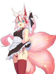Rule 34 | 1girl, :d, absurdres, animal ears, antenna hair, apron, black dress, blue eyes, borlomi (zbw5142332), clothes lift, dress, fang, fox ears, fox girl, fox tail, hair between eyes, hair ornament, hair ribbon, highres, higokumaru, holding, holding clothes, holding skirt, honkai (series), honkai impact 3rd, long hair, looking at viewer, maid, maid apron, multicolored hair, open mouth, panties, pink hair, ponytail, red panties, red thighhighs, ribbon, simple background, skirt, skirt lift, sleeveless, sleeveless dress, smile, solo, streaked hair, string panties, tail, thighhighs, underwear, white background