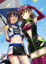 Rule 34 | 2girls, :o, ;d, arm up, armpits, black hair, blue choker, blue eyes, blue sky, breasts, brown hair, car, center opening, choker, cleavage, clothes writing, collarbone, commentary request, confetti, cowboy shot, cropped jacket, day, elbow gloves, english text, eyewear on head, from below, gloves, green eyes, hair between eyes, highres, holding, holding umbrella, jacket, long hair, looking at viewer, looking down, medium breasts, midriff, miniskirt, motion blur, motor vehicle, multicolored clothes, multicolored skirt, multiple girls, navel, one eye closed, open clothes, open jacket, open mouth, original, outdoors, pink-tinted eyewear, pink legwear, purple gloves, race queen, short hair, skirt, sky, small breasts, smile, somechime (sometime1209), stomach, strapless, sunglasses, sunglasses on head, tareme, thighhighs, tinted eyewear, tube top, umbrella, white-framed eyewear, white jacket
