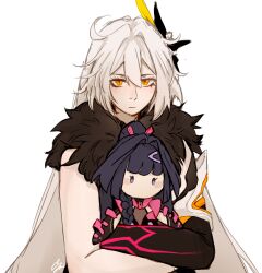 Rule 34 | 1girl, asymmetrical gloves, character doll, closed mouth, cloud ya, diamond-shaped pupils, diamond (shape), doll, hugging doll, elbow gloves, fur collar, gloves, hair between eyes, hair ornament, hairclip, holding, holding doll, honkai (series), honkai impact 3rd, kiana kaslana, kiana kaslana (herrscher of the void), long hair, looking at viewer, mihoyo, mismatched gloves, hugging object, ponytail, purple hair, raiden mei, signature, simple background, single elbow glove, solo, starfish hair ornament, stuffed toy, symbol-shaped pupils, uneven gloves, upper body, white background, white hair, yellow eyes