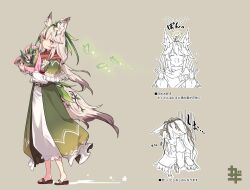 Rule 34 | 1girl, animal ear fluff, animal ears, bouquet, branch, brown hair, bug, butterfly, corset, dress, flower, flower on head, fringe trim, green dress, hair flower, hair ornament, happy, holding, holding bouquet, insect, kazana (sakuto), long hair, long sleeves, looking at viewer, multicolored hair, original, puffy long sleeves, puffy sleeves, red scarf, sad, sandals, scarf, simple background, smile, tail, tears, translation request, two-tone hair, white dress, white flower, white hair, wilted flower, wiping tears, withered, zouri