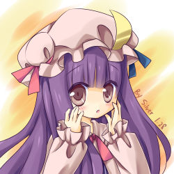 Rule 34 | 1girl, blush, crescent, female focus, hand on own cheek, hand on own face, hands on own face, hat, highres, long hair, no nose, open mouth, patchouli knowledge, portrait, purple eyes, purple hair, ribbon, signature, silveroid, solo, touhou