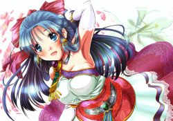 Rule 34 | 1girl, b dome, blue eyes, blue hair, blush, bow, breasts, dragon quest, dragon quest v, dress, earrings, elbow gloves, flora (dq5), flower, gloves, hair bow, half updo, hand in own hair, impossible clothes, impossible dress, jewelry, large breasts, long hair, open mouth, petals, pink bow, smile, solo, white gloves