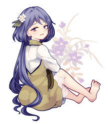 Rule 34 | 1girl, bad id, bad pixiv id, barefoot, blue hair, dress, floral background, flower, from behind, full body, hair flower, hair ornament, highres, knees up, layered dress, light purple hair, looking at viewer, looking back, open mouth, ponytail, purple eyes, see-through, short hair, sitting, solo, toenails, touhou, tsukumo benben, uranaishi (miraura), violet (flower), white background