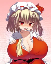 Rule 34 | 1girl, alternate breast size, blonde hair, breast suppress, breasts, cleavage, female focus, flandre scarlet, gigantic breasts, hand on own chest, hat, highres, kedamono kangoku-tou, multicolored eyes, open mouth, oppai loli, orange eyes, red eyes, smile, sweat, touhou