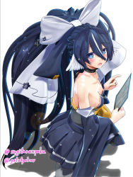 Rule 34 | 1girl, azur lane, bare shoulders, black choker, blue eyes, blue hair, blush, bow, breasts, choker, detached sleeves, from above, from side, grey thighhighs, hair between eyes, hair bow, holding, huge bow, long hair, long sleeves, looking at viewer, multicolored hair, nipple slip, nipples, open mouth, simple background, small breasts, solo, streaked hair, sugita ranpaku, thighhighs, twitter username, very long hair, white background, white bow, wide sleeves, yoizuki (azur lane)