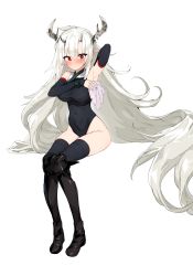 Rule 34 | 1girl, absurdres, alternate costume, arknights, armpits, arms up, black footwear, black leotard, black thighhighs, blush, boots, bracelet, breasts, bright pupils, closed mouth, covered navel, detached sleeves, embarrassed, full body, grey hair, highres, horns, impossible clothes, impossible leotard, infection monitor (arknights), invisible chair, jewelry, kinbakuman, knee boots, large breasts, leotard, long hair, long sleeves, looking at viewer, matoimaru (arknights), pointy ears, red eyes, simple background, sitting, solo, thighhighs, very long hair, white background, wiping sweat