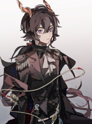 Rule 34 | 1boy, absurdres, arknights, belt, bishounen, bow, bowtie, brown hair, cowboy shot, ebenholz (arknights), formal, frills, goat boy, goat horns, highres, horns, long hair, looking at viewer, male focus, purple eyes, simple background, solo, suit, whitelandscape