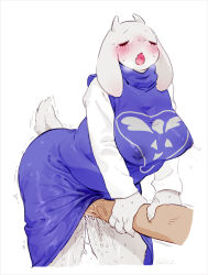 Rule 34 | 1boy, 1girl, animal ears, artist name, bebebe, blush, breasts, breath, claws, clothes lift, covered erect nipples, cropped legs, disembodied hand, dress, dress lift, closed eyes, fangs, fingering, furry, goat ears, goat horns, goat tail, horns, interspecies, large breasts, leaning forward, long sleeves, mature female, nose blush, open mouth, plump, purple dress, pussy juice, shirt, signature, simple background, sleeveless, sleeveless dress, standing, sweat, tail, toriel, trembling, turtleneck, undertale, wet, wet clothes, white background, white shirt