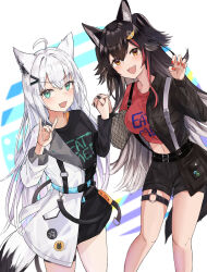 Rule 34 | 2girls, absurdres, ahoge, animal ear fluff, animal ears, black hair, black jacket, black nails, black shirt, black shorts, black skirt, blush, braid, breasts, claw pose, commentary request, deen (hnxp8555), fang, fox ears, fox girl, fox shadow puppet, fox tail, green eyes, hair between eyes, hair down, hair ornament, hairclip, highres, holding hands, hololive, jacket, long hair, looking at viewer, medium breasts, midriff, multicolored hair, multiple girls, navel, ookami mio, open mouth, red hair, red nails, red shirt, shirakami fubuki, shirt, short shorts, shorts, sidelocks, single braid, skirt, small breasts, streaked hair, tail, thigh strap, virtual youtuber, white hair, white jacket, yellow eyes