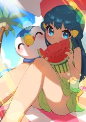 Rule 34 | 1girl, absurdres, aqua hair, blue eyes, blush, closed mouth, cloud, commentary request, creatures (company), dawn (pokemon), day, eating, eyelashes, food, fruit, game freak, gen 4 pokemon, green one-piece swimsuit, green sarong, hair ornament, hairclip, highres, knees, lens flare, long hair, mouth hold, nintendo, one-piece swimsuit, outdoors, palm tree, piplup, pokemon, pokemon (anime), pokemon (creature), pokemon bw087, pokemon bw (anime), sarong, shiny skin, sitting, sky, smile, swimsuit, taisa (lovemokunae), tree, watermelon, watermelon slice
