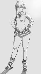 Rule 34 | 00s, 1girl, boots, breasts, greyscale, hands on own hips, highres, maka albarn, miniskirt, monochrome, plaid, plaid skirt, pout, short twintails, shugarsketch, shugarskull, sketch, skirt, small breasts, solo, soul eater, sweater vest, thick thighs, thighs, twintails, v-neck