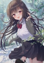 Rule 34 | 1girl, :d, black skirt, blazer, blush, bow, branch, breasts, briefcase, brown hair, collared shirt, commentary, day, dress shirt, floating hair, grey jacket, highres, holding, jacket, kuro futoshi, looking at viewer, md5 mismatch, medium breasts, open clothes, open jacket, open mouth, original, outdoors, pleated skirt, red bow, red eyes, resolution mismatch, revision, school briefcase, school uniform, shirt, skirt, smile, solo, source smaller, tree, white shirt